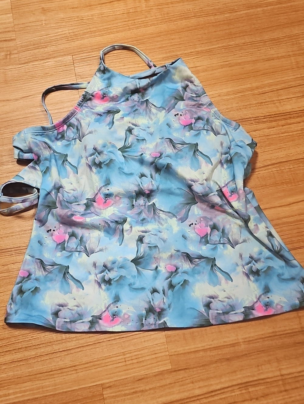 Perry Ellis Blue Floral Halter Swim Top with Pink Accents. Size Large
